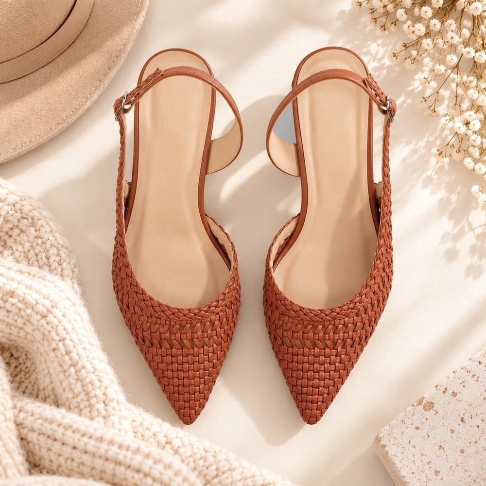 Universal Thread Miriam Woven Slingback Heels Cognac Brown Pointed Toe Size 8.5 - Picture 3 of 5